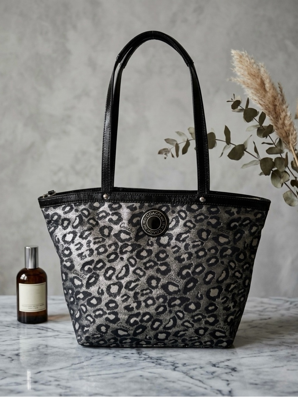 Coach Black and Silver Leopard Print Tote